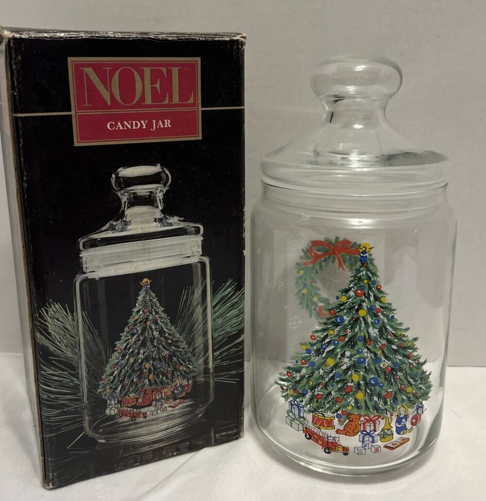 Vtg House Of Salem Noel Christmas Tree Wreath Clear Glass Candy Jar Canister 8”